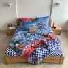 Семейное постельное белье LeLIT 0728 сине-голубое с красным, принт "Тачки"