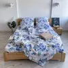 Семейное  постельное белье LeLIT 0834  бежево-голубое с принтом "Листва"