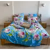 Семейное постельное белье LeLIT 0019 ярко-голубое с нежно-розовыми цветами