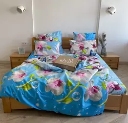 Двуспальное  постельное белье LeLIT 0019 ярко-голубое с нежно-розовыми цветами