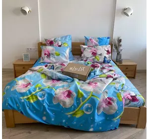 Полуторное  постельное белье LeLIT 0019 ярко-голубое с нежно-розовыми цветами