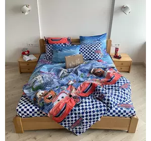 Двуспальное постельное белье LeLIT 0728 сине-голубое с красным, принт "Тачки"