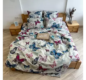 Двуспальное  постельное белье LeLIT 0004 светло-серое с ярким принтом "Разноцветные бабочки"