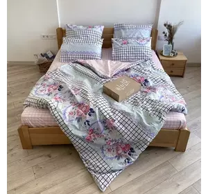 Двуспальное постельное белье LeLIT 0305 нежно-розовое со светло-бирюзовым  принтом "В клетку+Цветы"