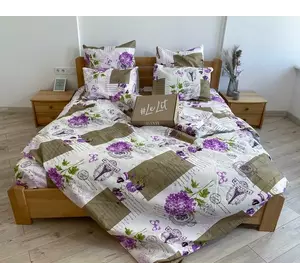 Полуторное  постельное белье LeLIT 0024 белое с оливковыми прямоугольниками и фиолетовыми цветами, с принтом France