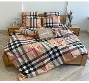 Двуспальное  постельное белье LeLIT 0015 бежевое с черными и красными полосами, принт "Burberry"