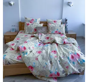 Семейное постельное белье LeLIT 0023 молочное с нежно-розовыми и голубыми цветами